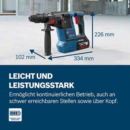 Bosch PRO 18V System Akku Bohrhammer GBH 18V-26 (SDS Plus, Bohr-Ø max: Beton/Stahl/Holz 26/13/30mm, inkl. Zusatzhandgriff, Tiefenanschlag 210mm, Maschinentuch, L-BOXX, ohne Akku/Ladegerät)